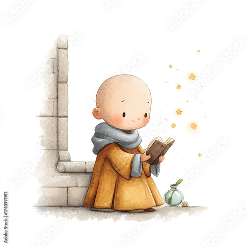 Monk Reading a Book by the Window, Surrounded by Magical Lights.