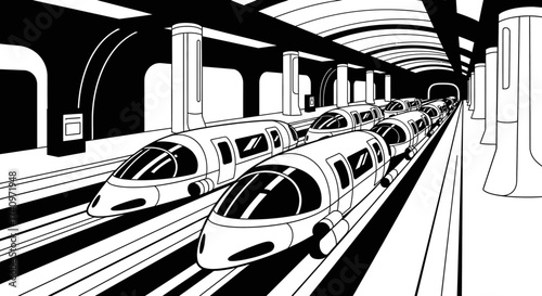 A fleet of futuristic high speed maglev trains in a subway station.