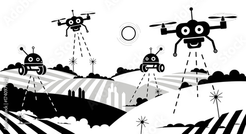 A fleet of whimsical cartoon drones scanning a rural landscape.