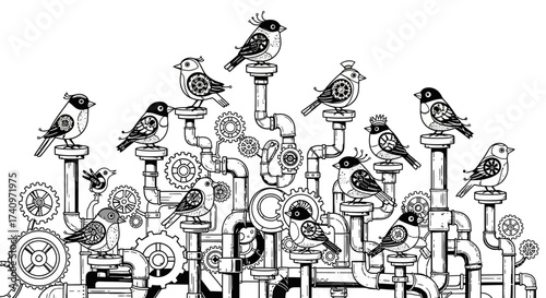 A Flock of Mechanical Steampunk Birds on Industrial Pipes and Gears.