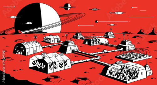 A futuristic human colony with interconnected habitats and greenhouses.