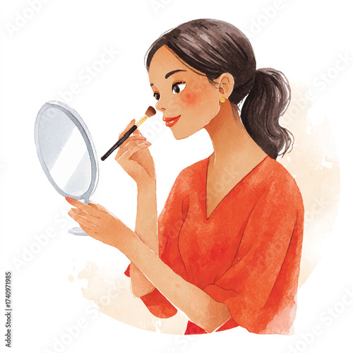 Illustrated portrait of a young woman applying makeup with a brush.
