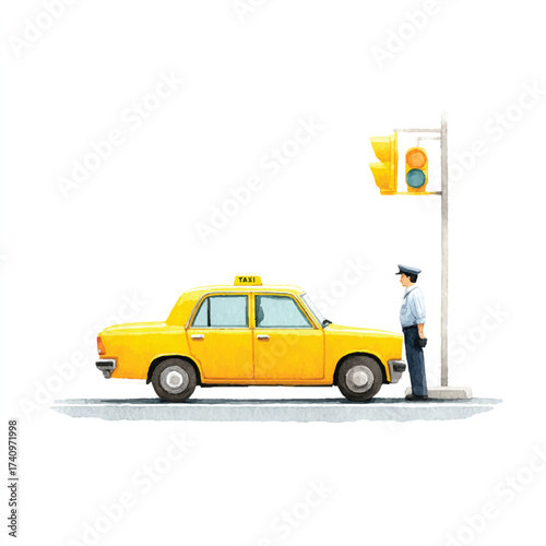 Illustration of a person waiting for a yellow taxi cab.