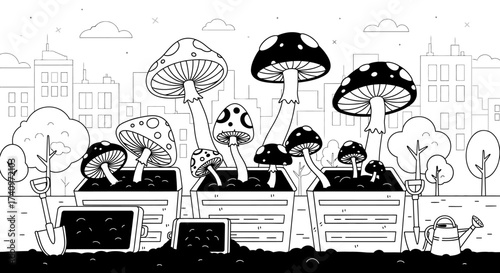 A whimsical garden of oversized mushrooms growing in raised beds.