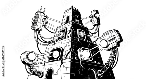 Abstract monochrome tower with mechanical arms and lights.