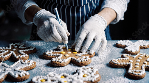 Person in Apron Decorating Traditional Gingerbread Cookies for Holidays