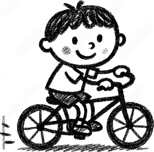crayon doodle of a child riding a bicycle joyfully, playful naive art