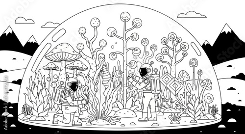 Astronauts exploring alien plants inside a protective dome structure.