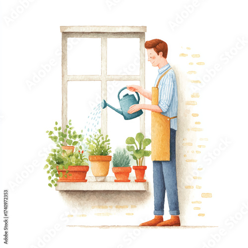 Man in apron watering potted plants on a windowsill with a watering can.