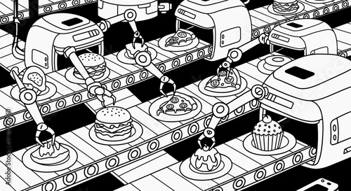 Automated food production line with robotic arms assembling various dishes.