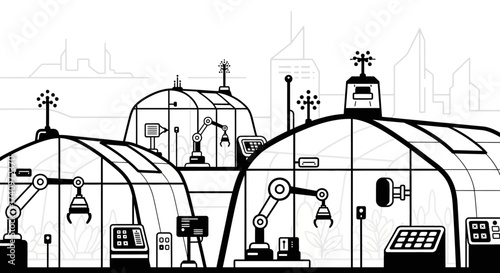 Automated Futuristic Greenhouse Structures with Robotic Arms.