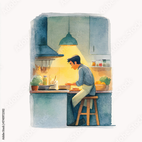 Man in Kitchen Watercolor Illustration.