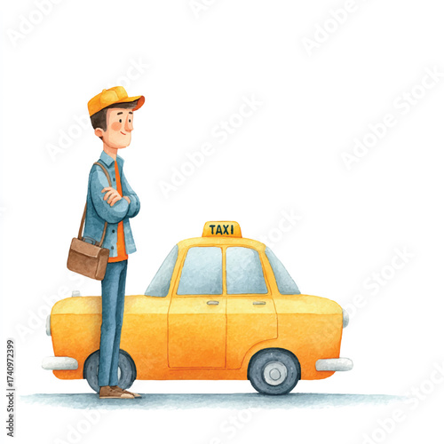 Man in uniform standing next to a yellow taxi cab ready for work.