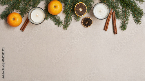 Christmas Flat Lay with Candles, Oranges, Cinnamon Sticks and Fir Branches
