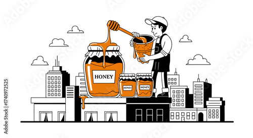 Beekeeper pouring honey from jar into bucket, honey dripping, sweet treat.