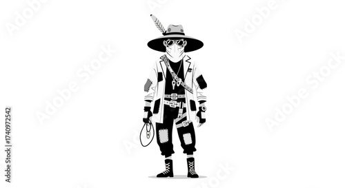 Black and white graphic illustration of a mysterious adventurer character.