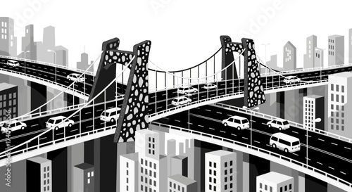 Black and white illustration of a busy city with overlapping highways and a suspension bridge.