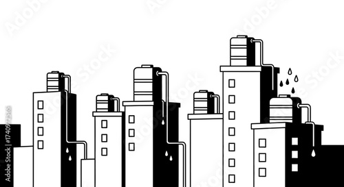 Black and white illustration of a cityscape with rooftop water tanks.