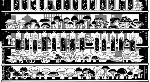 Black and White Illustration of a Mushroom Collection on Shelves.
