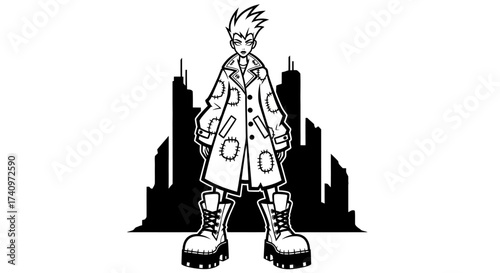 Black and white illustration of a punk character in a patched trench coat.