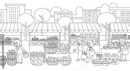 Bustling Outdoor Market Scene with Vendors and Shoppers.