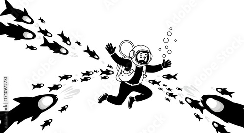 Cartoon Astronaut Surrounded by Fish in Deep Sea.