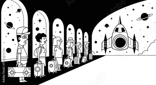 Cartoon illustration of diverse travelers queuing for a spaceship journey.