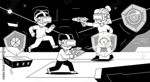 Children playing virtual reality games with VR headsets and laser guns.