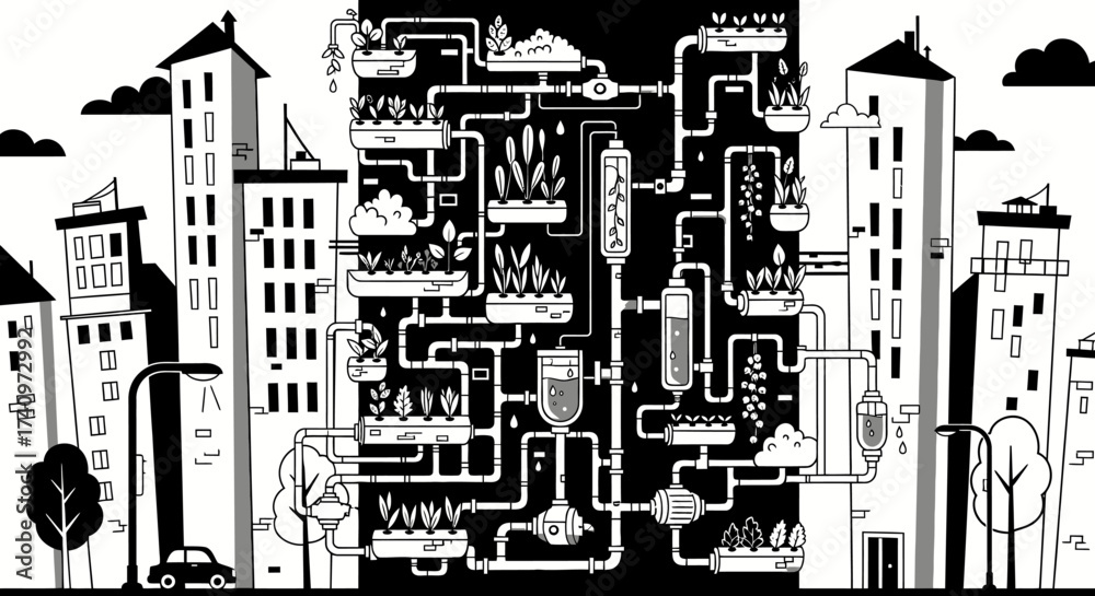 Obraz premium Detailed Black and White Illustration of a Vertical Farming System.