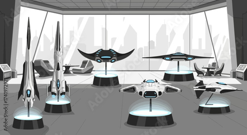 Collection of futuristic spacecraft models displayed in a modern exhibition hall.