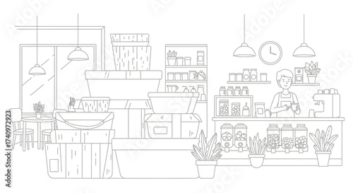 Coffee shop interior design with barista and equipment.