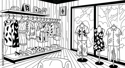 Clothing store interior with various garments on display.