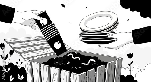 Composting process showing hands adding food waste and plates to the compost bin.