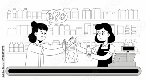 Confused Customer Questions Purchase at Checkout Counter.