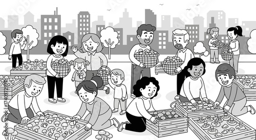 Community garden volunteers harvesting fresh produce and vegetables together.