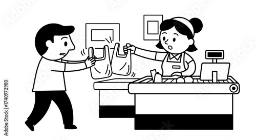 Customer Refusing Plastic Bags at Checkout with Concerned Cashier.
