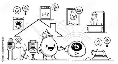 Cute Water Drop Character with Smart Home Water Management System.