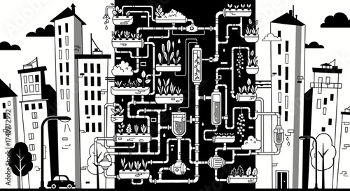 Detailed Black and White Illustration of a Vertical Farming System.