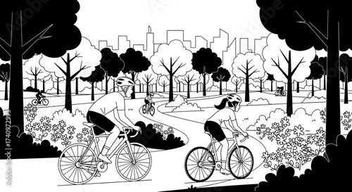 Cyclists enjoying a sunny day riding bicycles in the park.