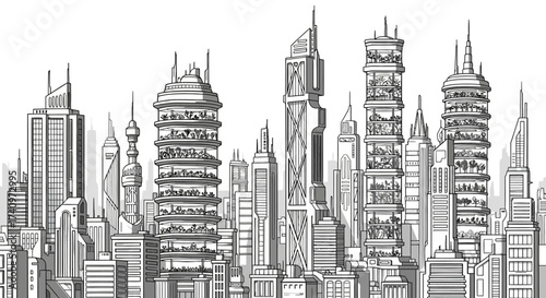 Detailed black and white sketch of a futuristic city skyline.