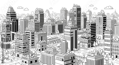 Detailed black and white line art illustration of a modern cityscape.