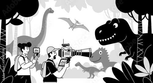 Dinosaur Documentary Crew Filming Prehistoric Creatures in Lush Jungle.