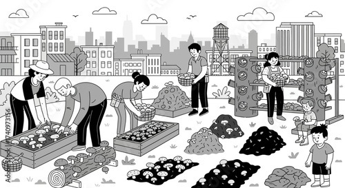 Diverse community members working together in an urban garden.