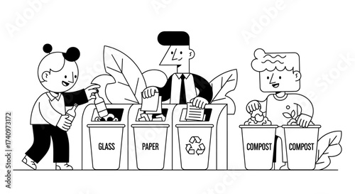 Diverse group of people sorting waste for recycling and composting.