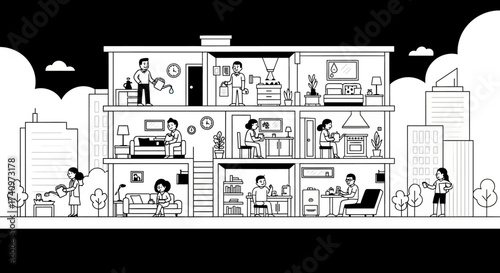 Diverse people working and living in a multi-story building.