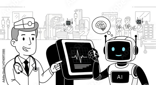 Doctor and AI robot collaborate on medical technology.