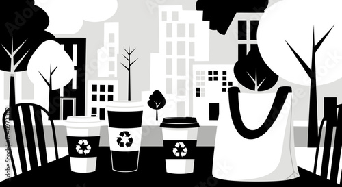 Eco Friendly Lifestyle with Reusable Coffee Cups and Tote Bag.