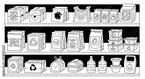 Eco friendly packaging products on shelves for sustainable living.