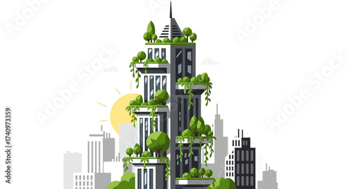 Eco friendly skyscraper with green plants and trees in urban environment.