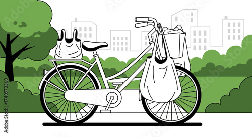 Eco-friendly bicycle carrying groceries for sustainable living and shopping.